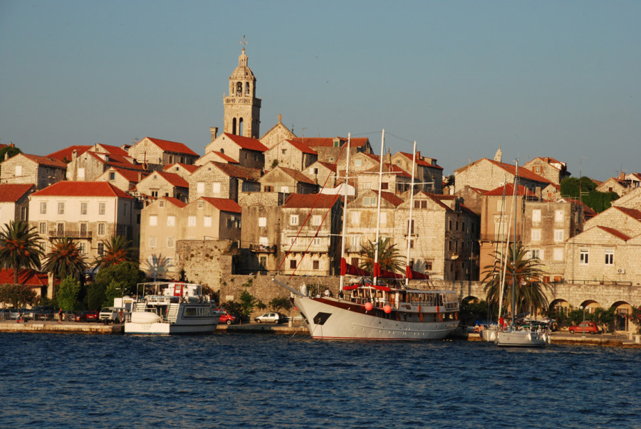 Barbara moored in Korčula during beautiful sunset.